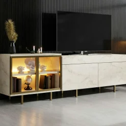 Meuble TV décor travertin et doré 2 portes 1 niche LED AURA