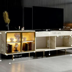 Meuble TV décor travertin et doré 2 portes 1 niche LED AURA