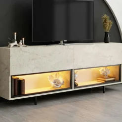 Meuble TV décor travertin 2 portes 2 niches LED AURA