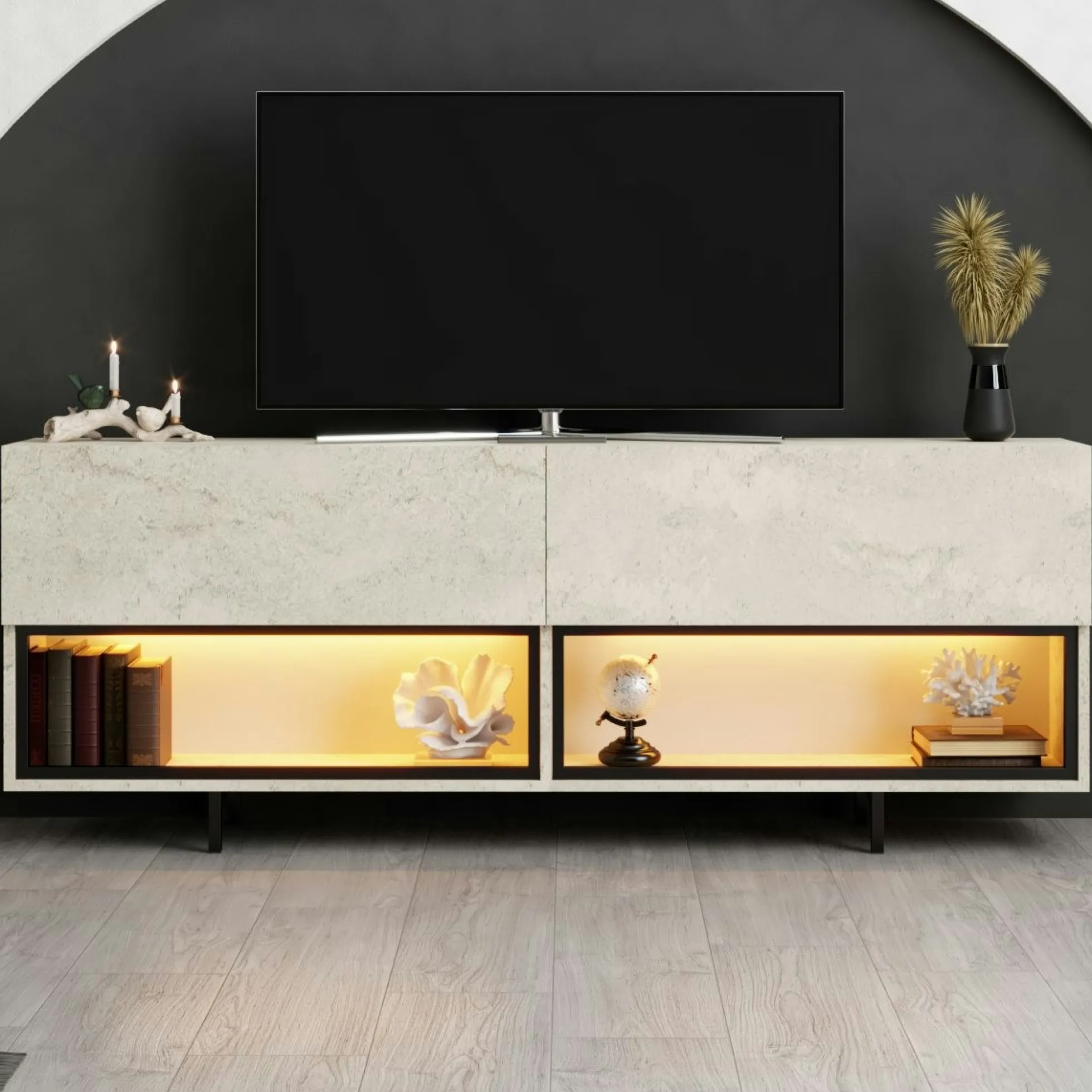 Meuble TV décor travertin 2 portes 2 niches LED AURA