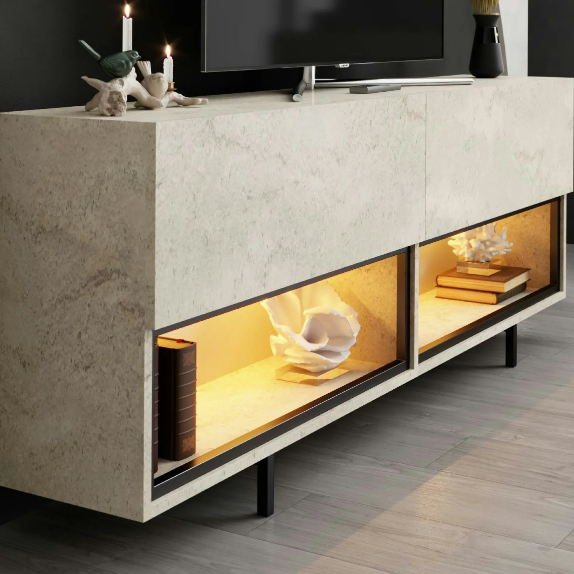 Meuble TV décor travertin 2 portes 2 niches LED AURA