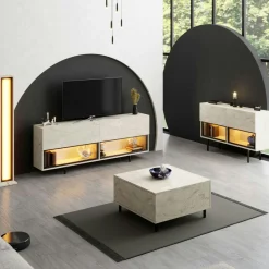 Meuble TV décor travertin 2 portes 2 niches LED AURA