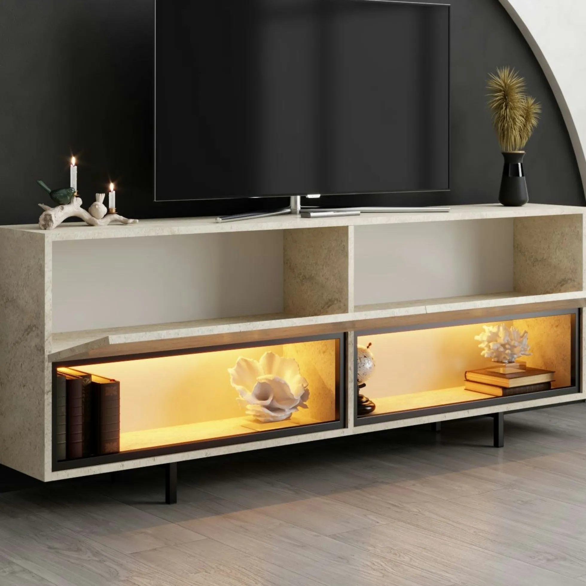 Meuble TV décor travertin 2 portes 2 niches LED AURA