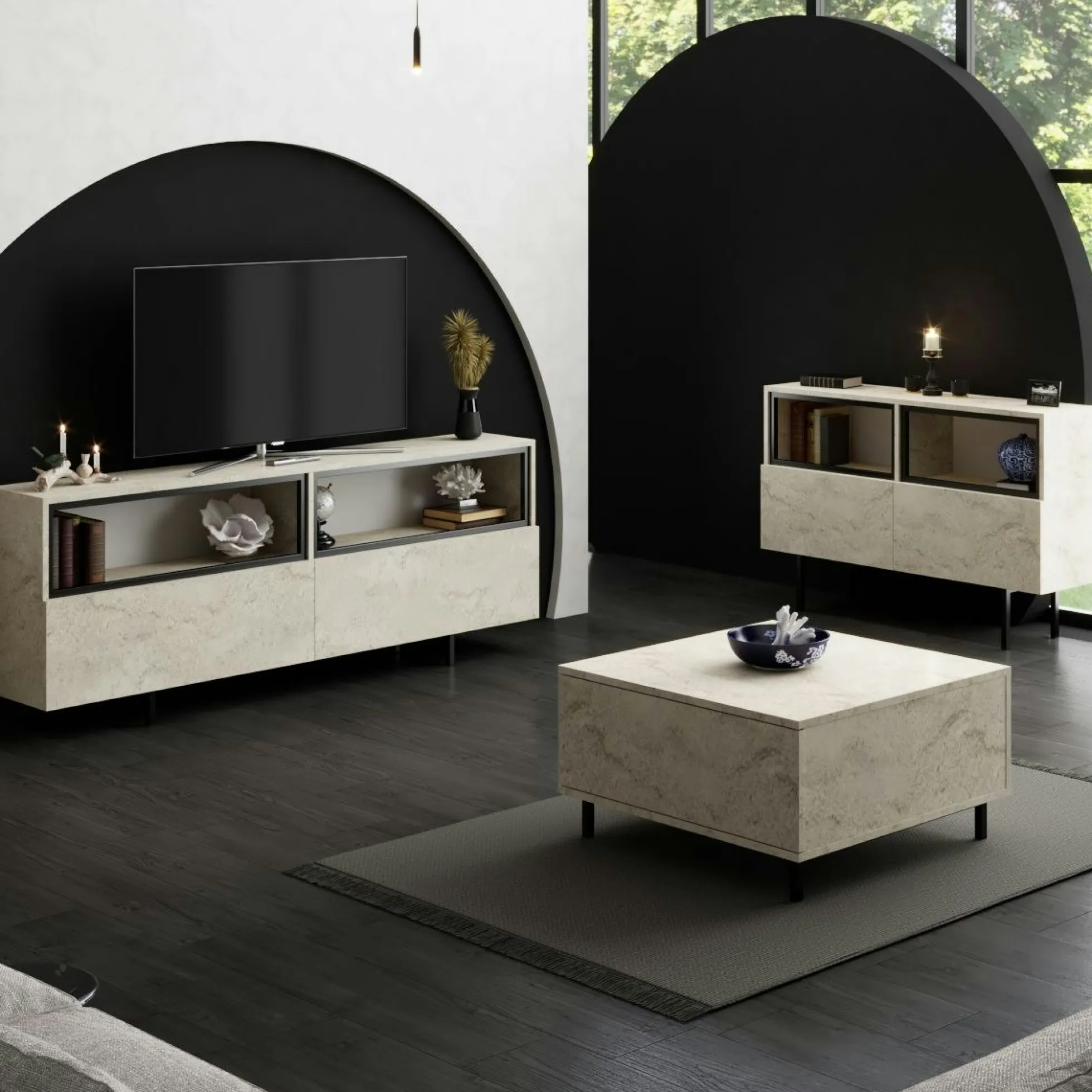 Meuble TV décor travertin 2 portes 2 niches hautes LED AURA