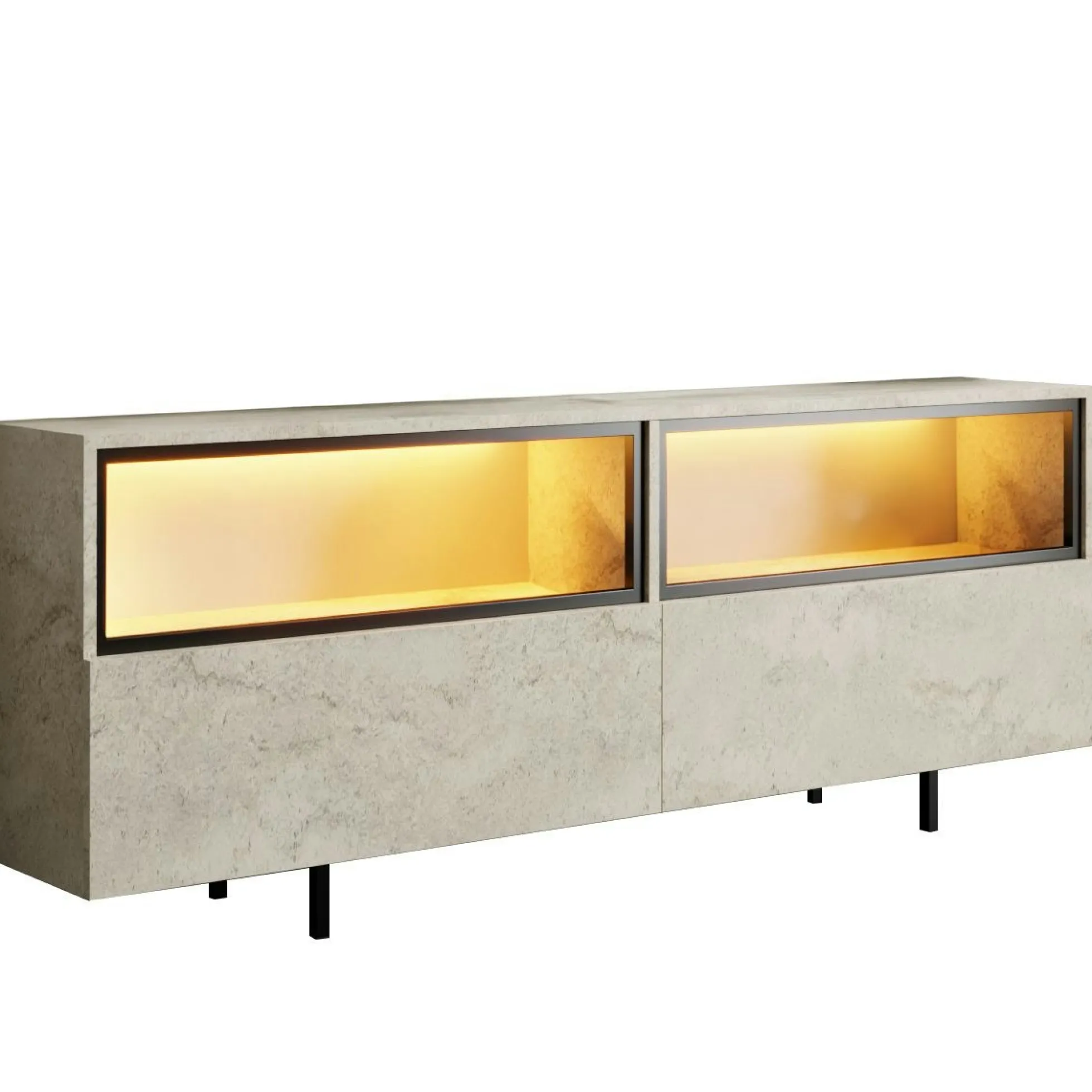 Meuble TV décor travertin 2 portes 2 niches hautes LED AURA