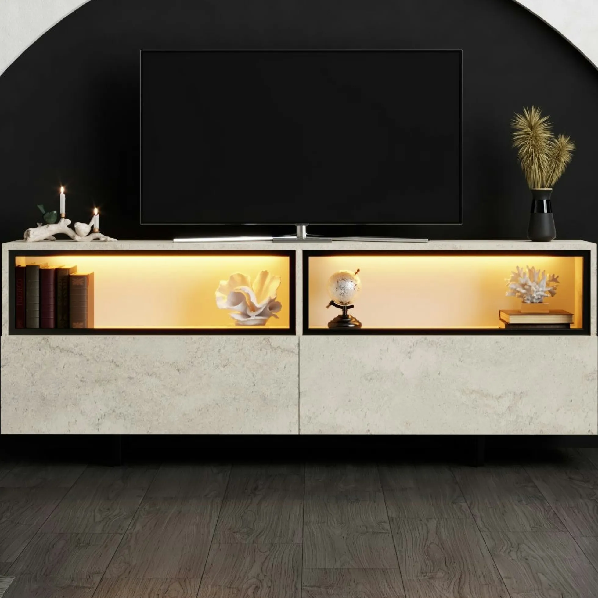 Meuble TV décor travertin 2 portes 2 niches hautes LED AURA