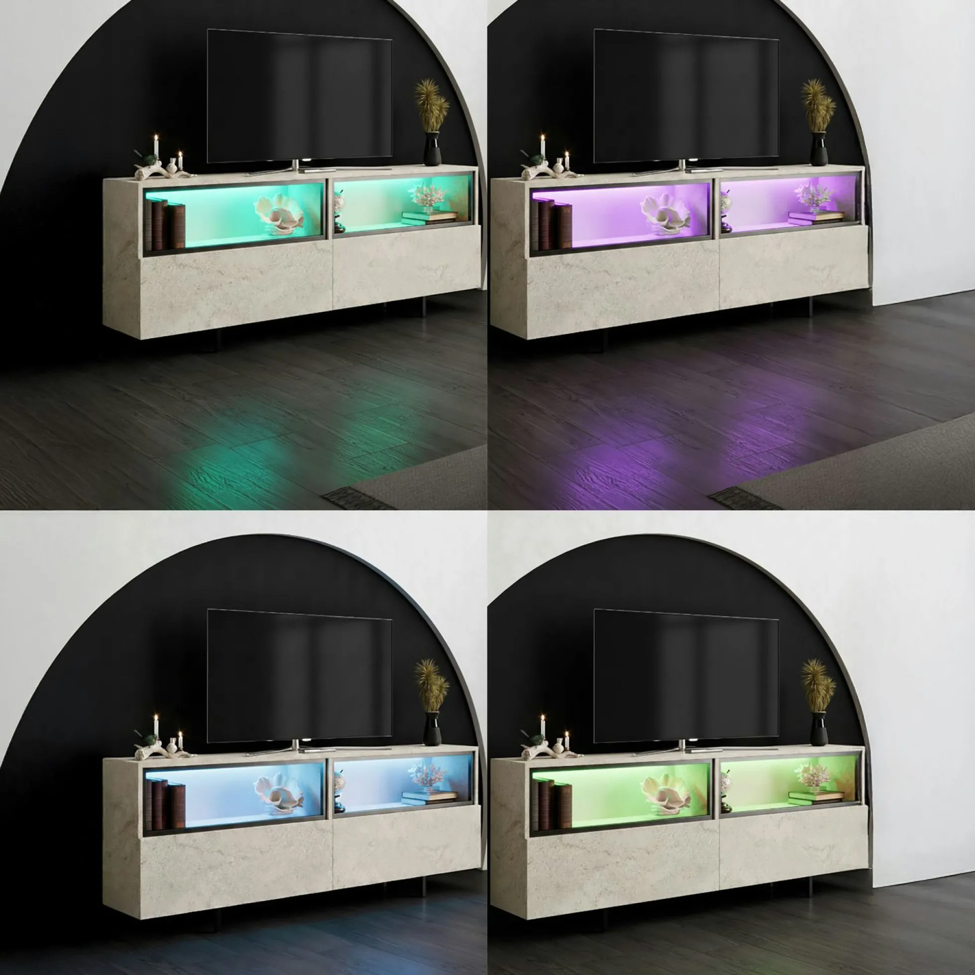 Meuble TV décor travertin 2 portes 2 niches hautes LED AURA