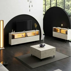 Meuble TV décor travertin 2 portes 2 niches hautes LED AURA