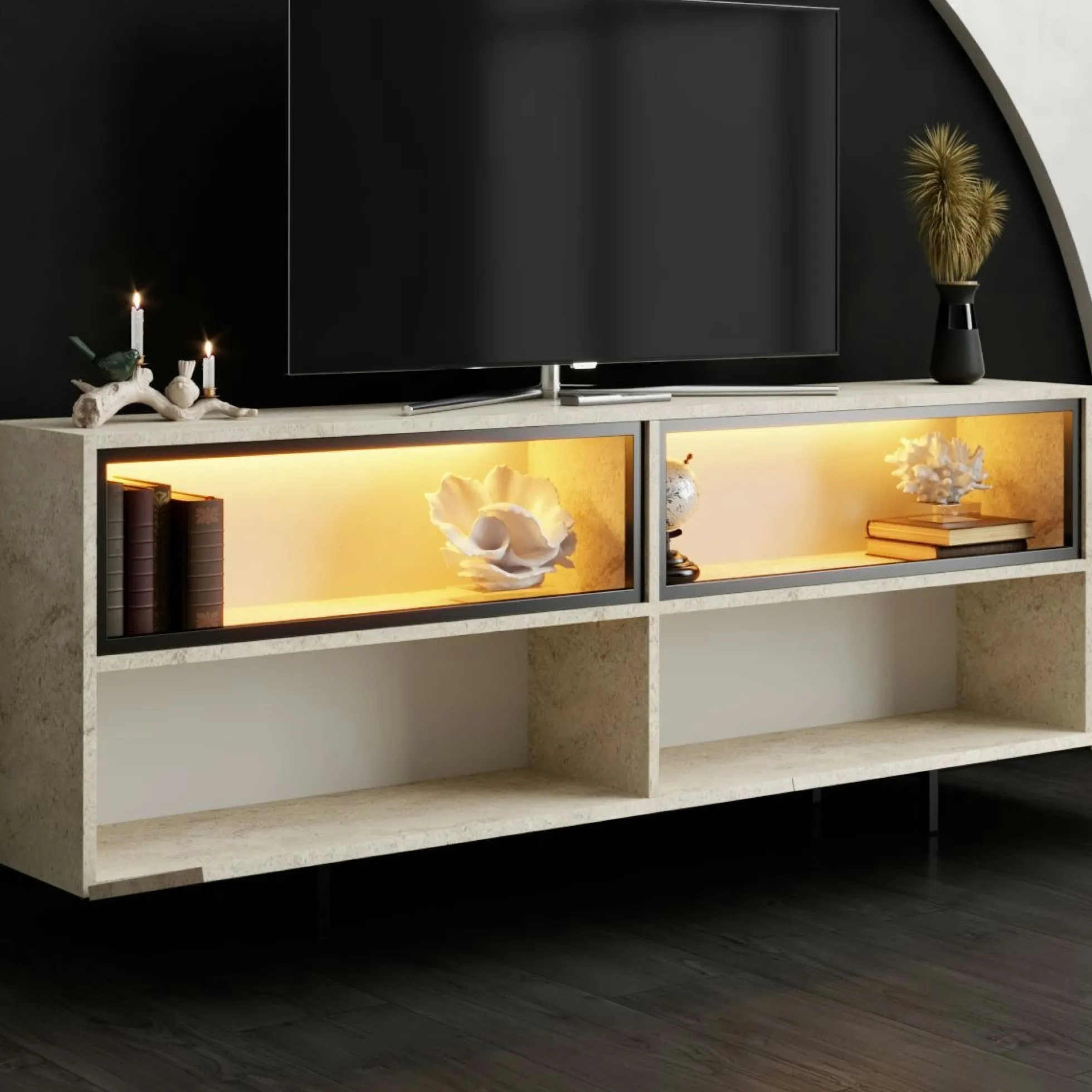 Meuble TV décor travertin 2 portes 2 niches hautes LED AURA