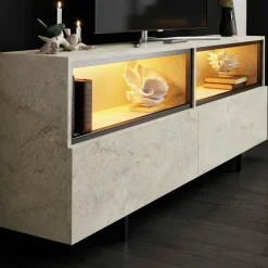 Meuble TV décor travertin 2 portes 2 niches hautes LED AURA