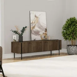 Meuble TV design effet bois foncé pieds noirs baguette JENA