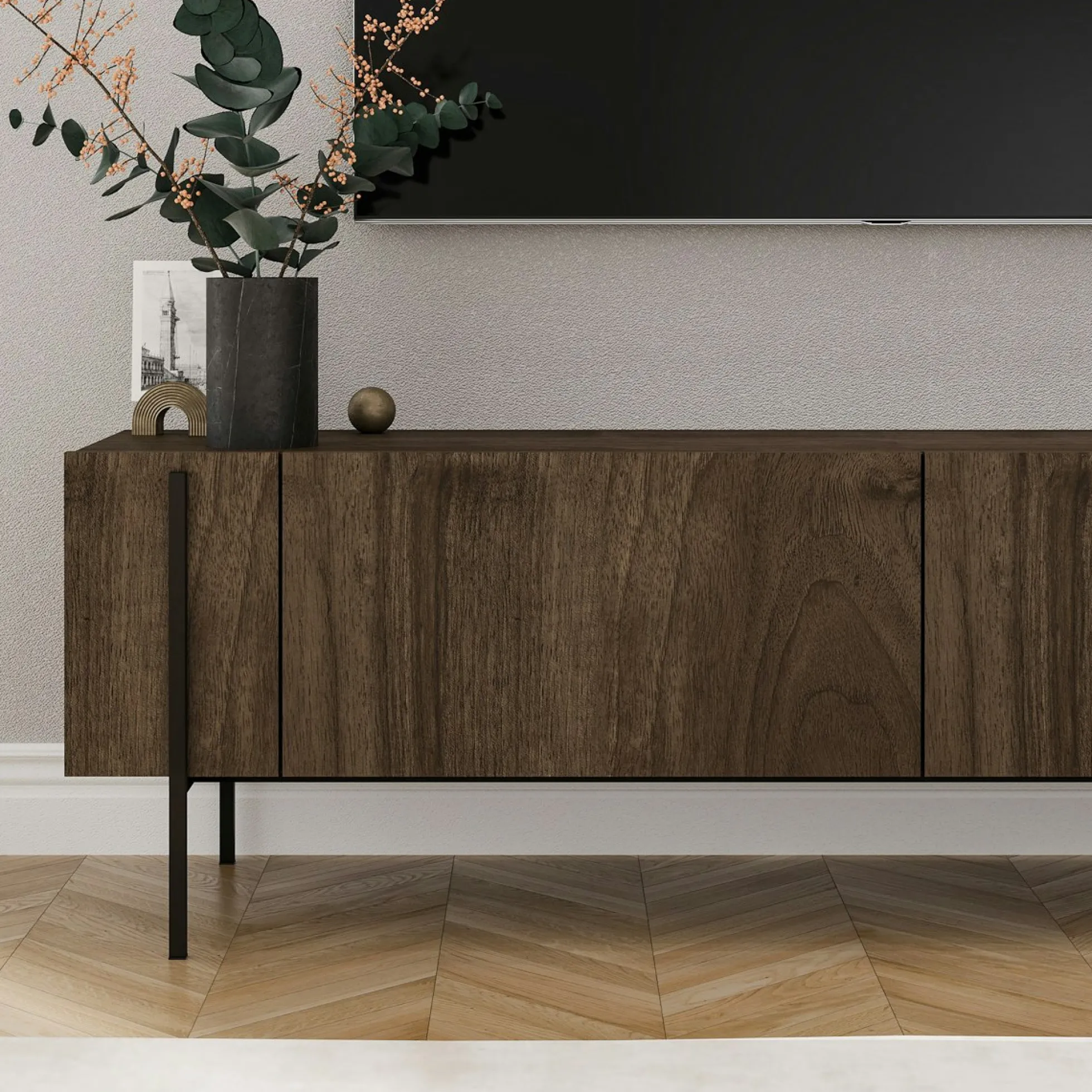 Meuble TV design effet bois foncé pieds noirs baguette JENA