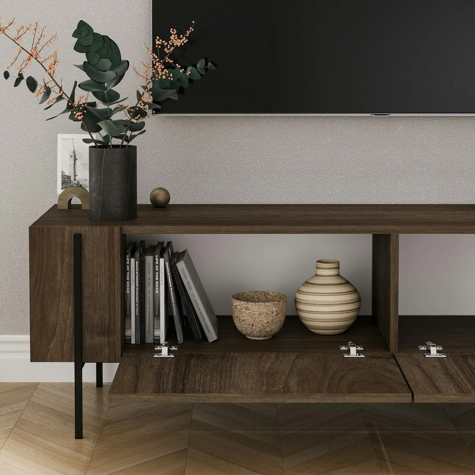 Meuble TV design effet bois foncé pieds noirs baguette JENA