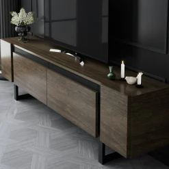 Meuble TV design effet noyer pieds cadres noirs JENA