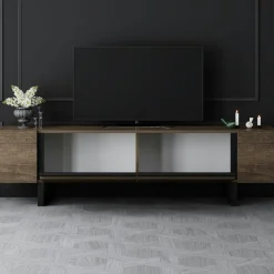 Meuble TV design effet noyer pieds cadres noirs JENA