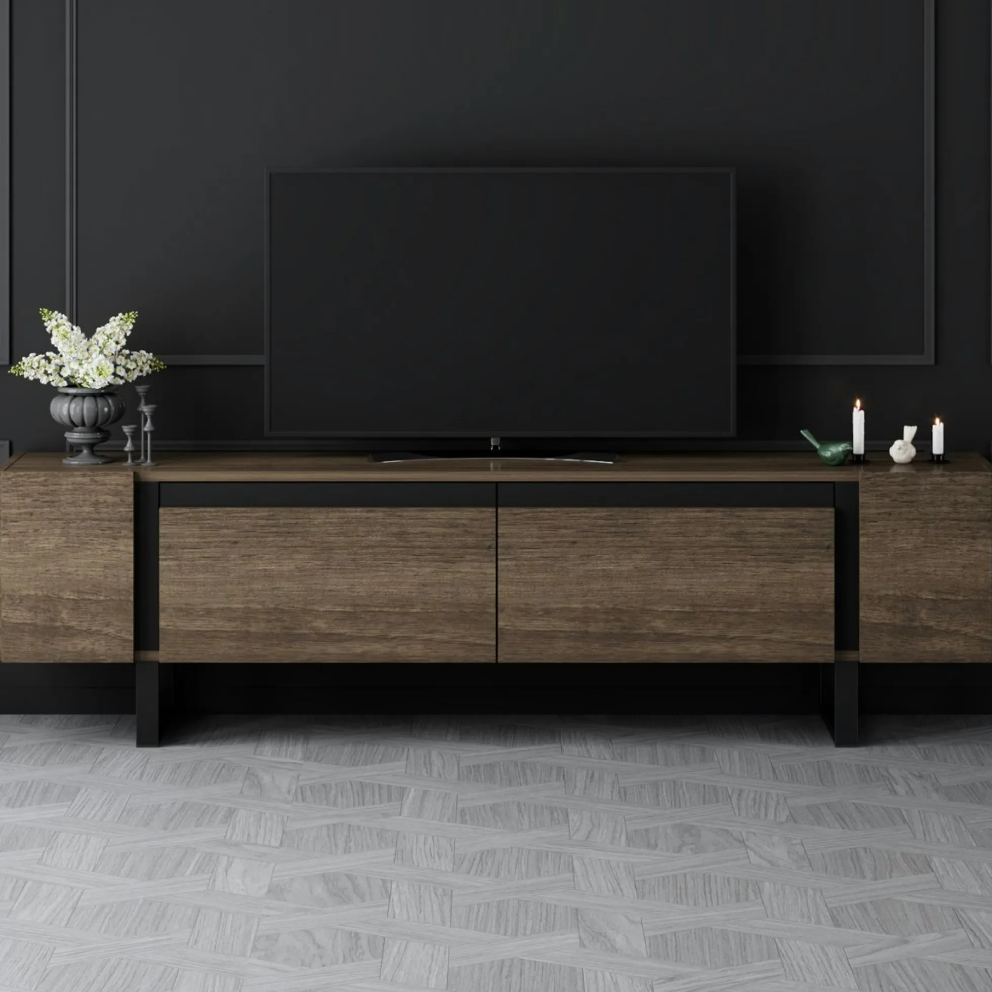 Meuble TV design effet noyer pieds cadres noirs JENA