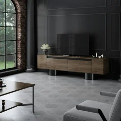 Meuble TV design effet noyer pieds cylindres noirs JENA