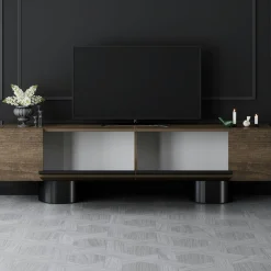 Meuble TV design effet noyer pieds cylindres noirs JENA