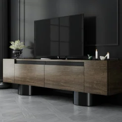 Meuble TV design effet noyer pieds cylindres noirs JENA