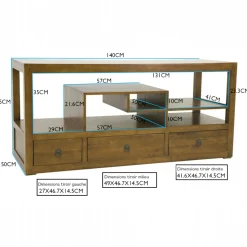 Meuble TV destructuré Hévéa 3 tiroirs 140x50x65cm HELENA