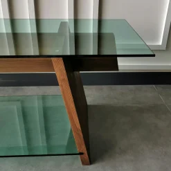 Meuble TV en bois brun et verre lagon - forme trapèze LHASA