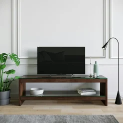 Meuble TV en bois brun et verre - 140 cm LHASA