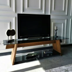Meuble TV en bois brun et verre fumé - forme trapèze LHASA
