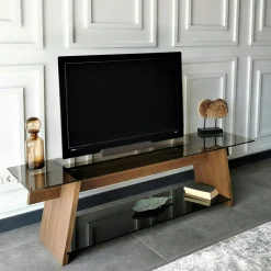 Meuble TV en bois brun et verre fumé - forme trapèze LHASA