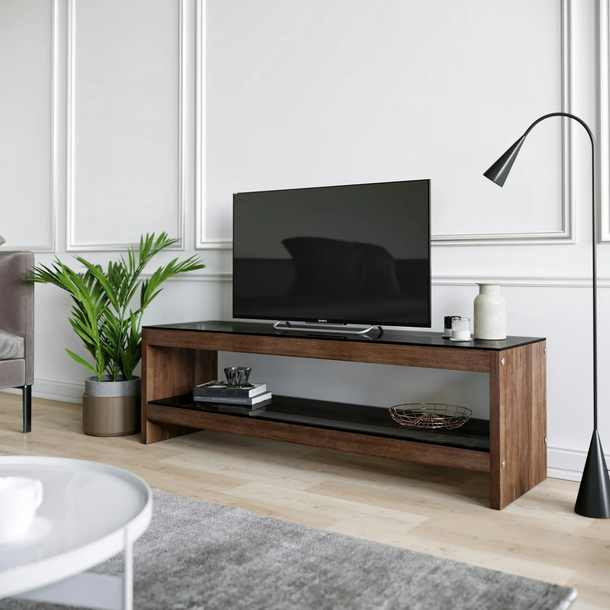 Meuble TV en bois brun et verre fumé - LHASA