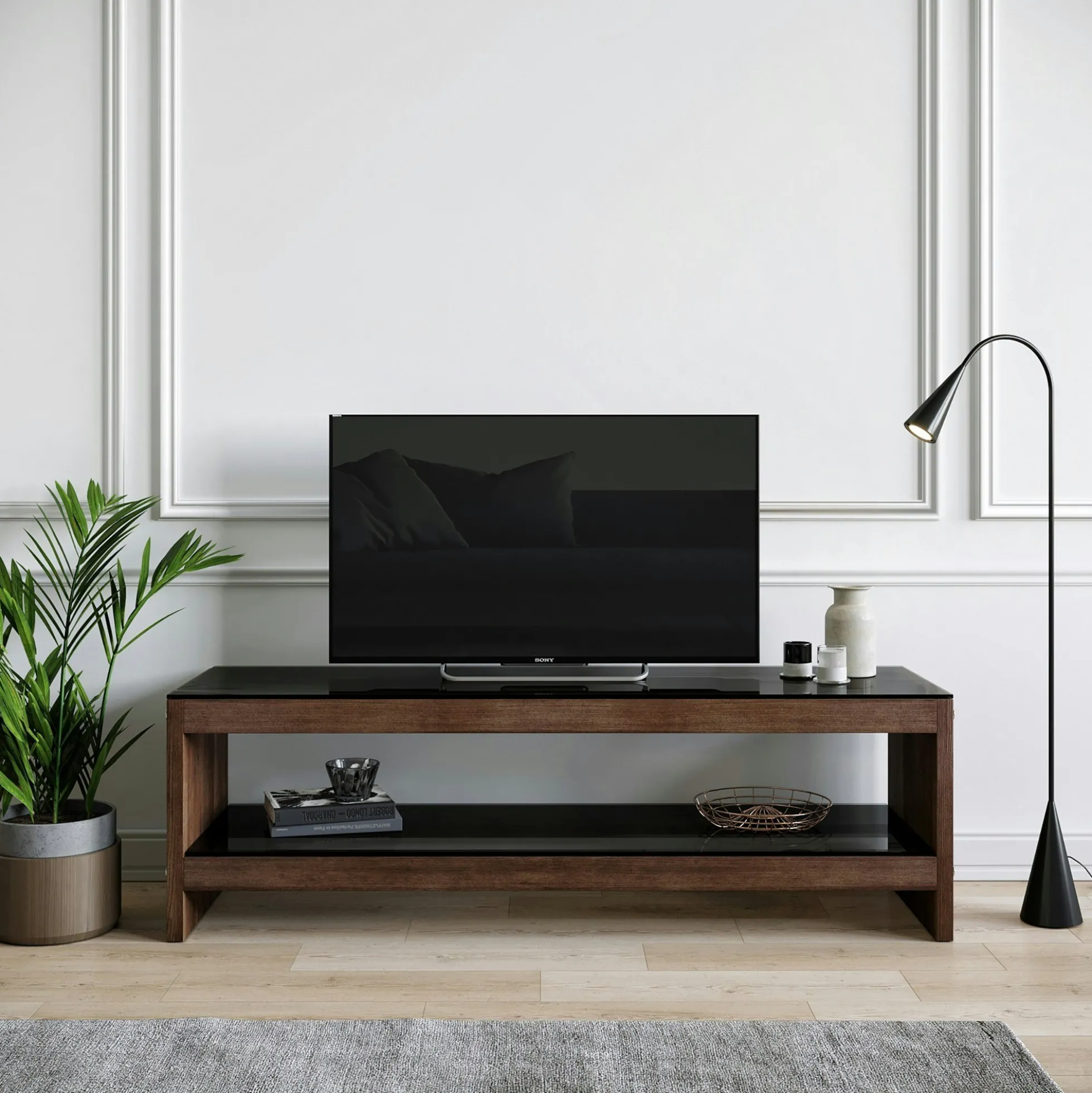 Meuble TV en bois brun et verre fumé - LHASA