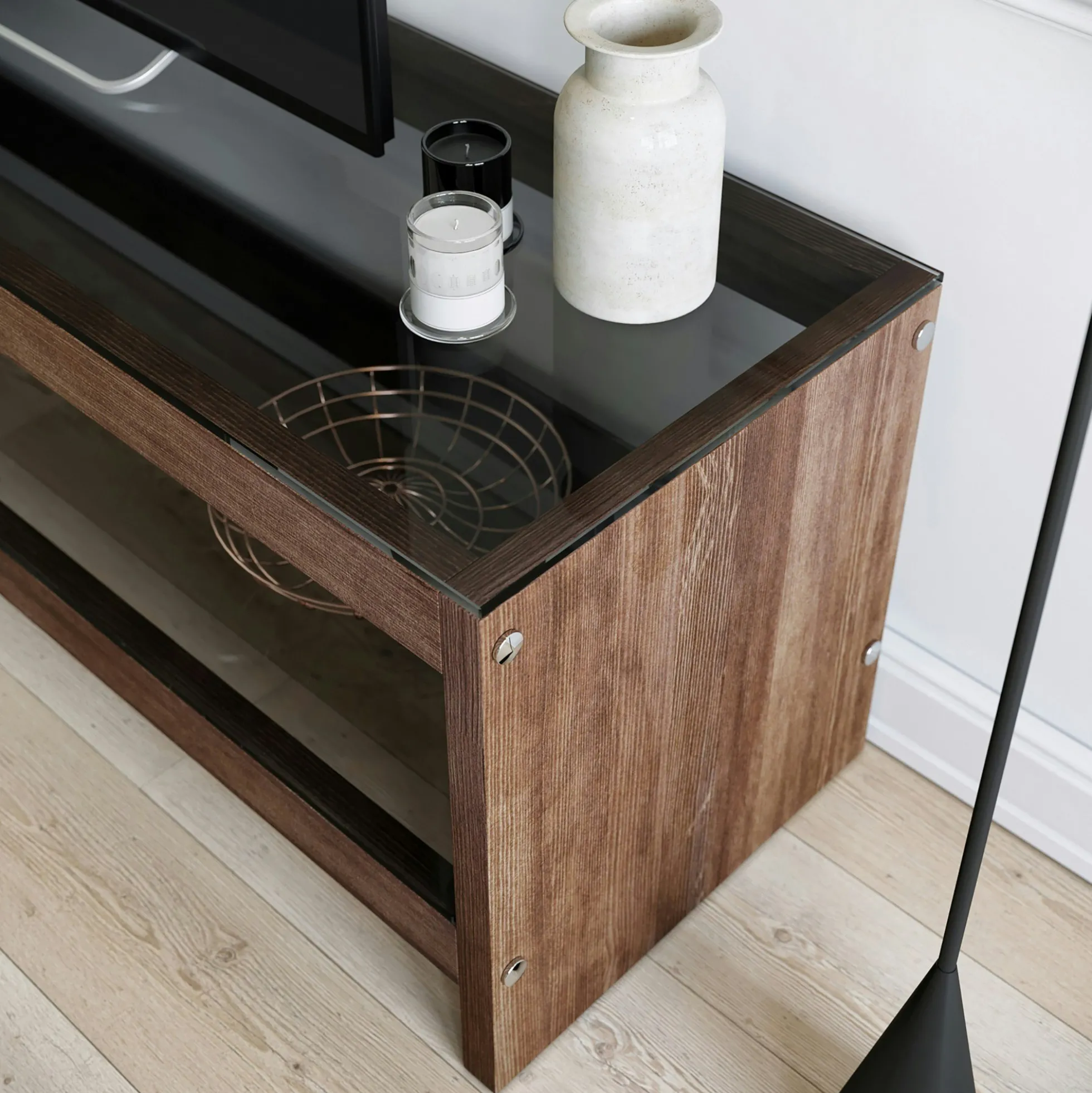 Meuble TV en bois brun et verre fumé - LHASA