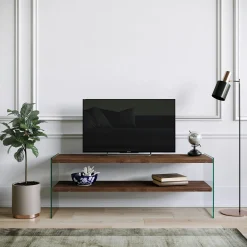 Meuble TV en bois brun et verre - 2 niveaux LHASA