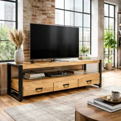 Meuble TV en bois clair et métal noir 3 tiroirs MILORA