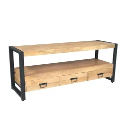 Meuble TV en bois clair et métal noir 3 tiroirs MILORA