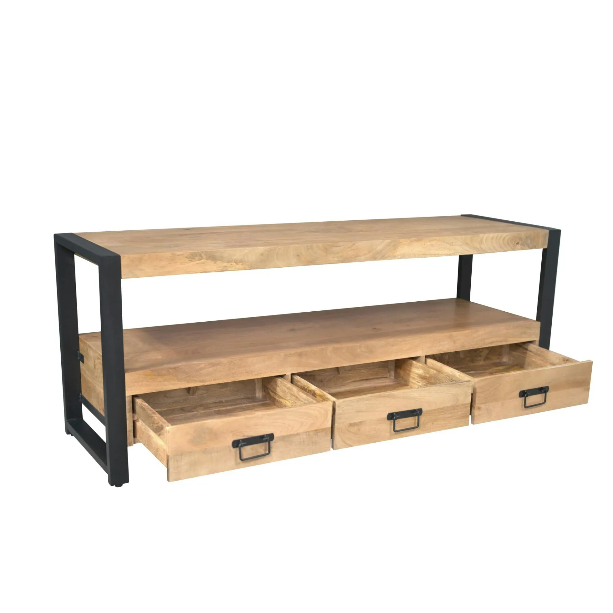 Meuble TV en bois clair et métal noir 3 tiroirs MILORA