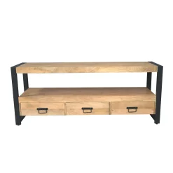 Meuble TV en bois clair et métal noir 3 tiroirs MILORA