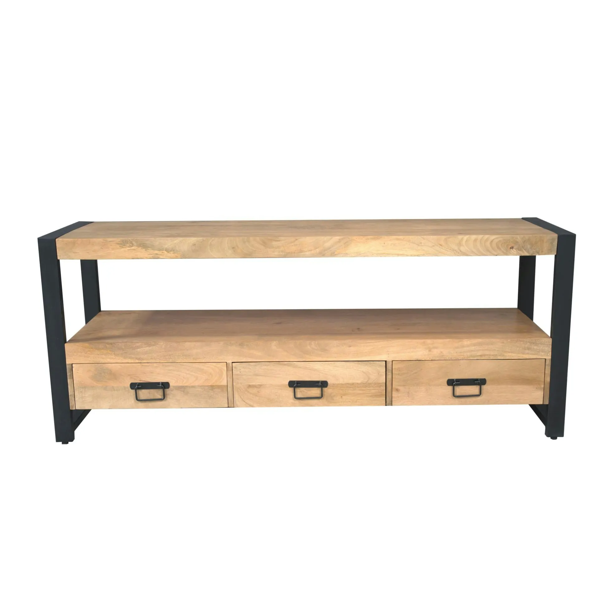 Meuble TV en bois clair et métal noir 3 tiroirs MILORA