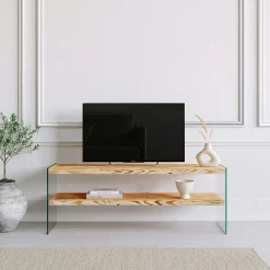Meuble TV en bois clair et verre - 2 niveaux LHASA