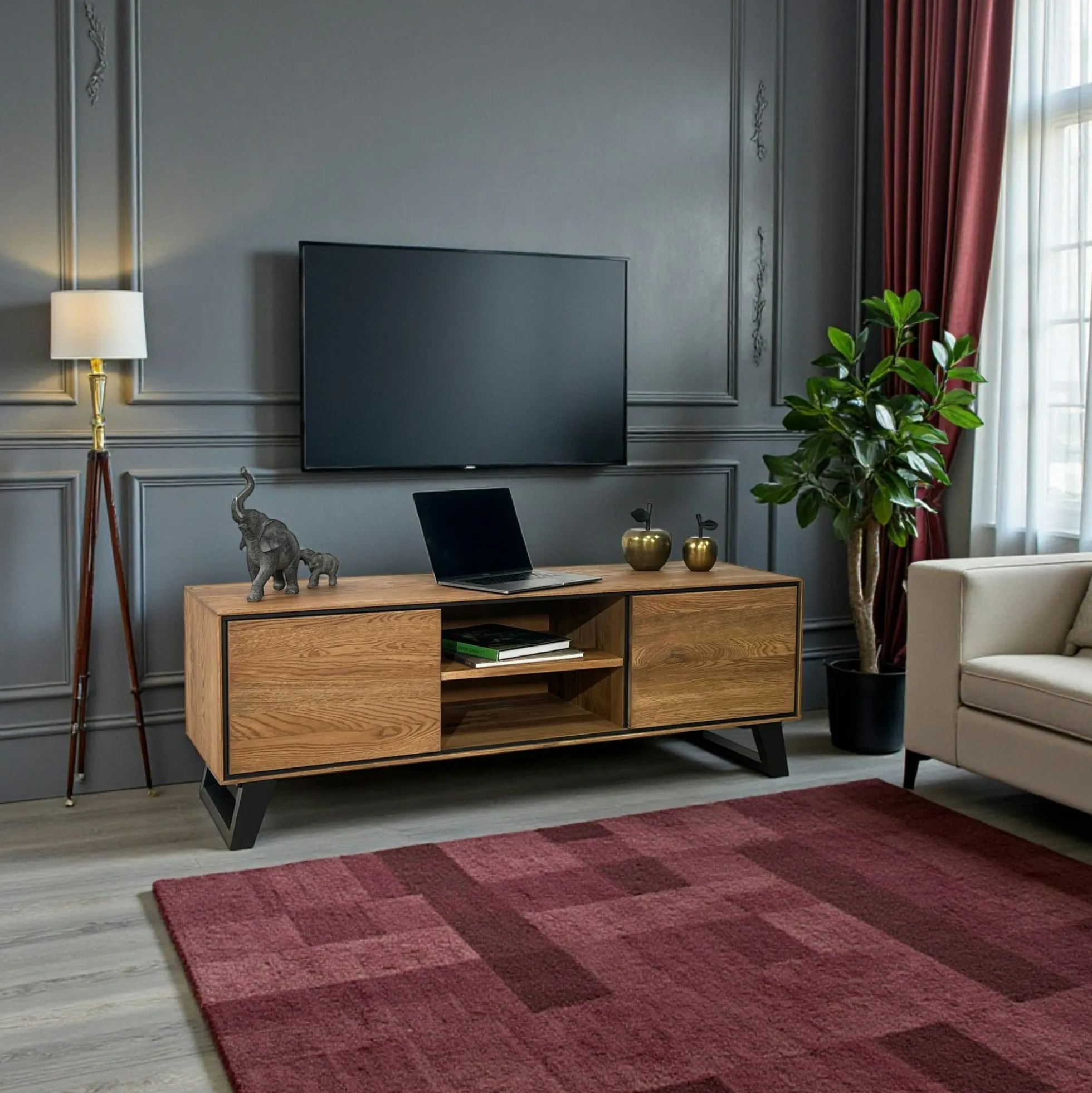 Meuble tv en bois de chêne brun et pieds obliques PALERME