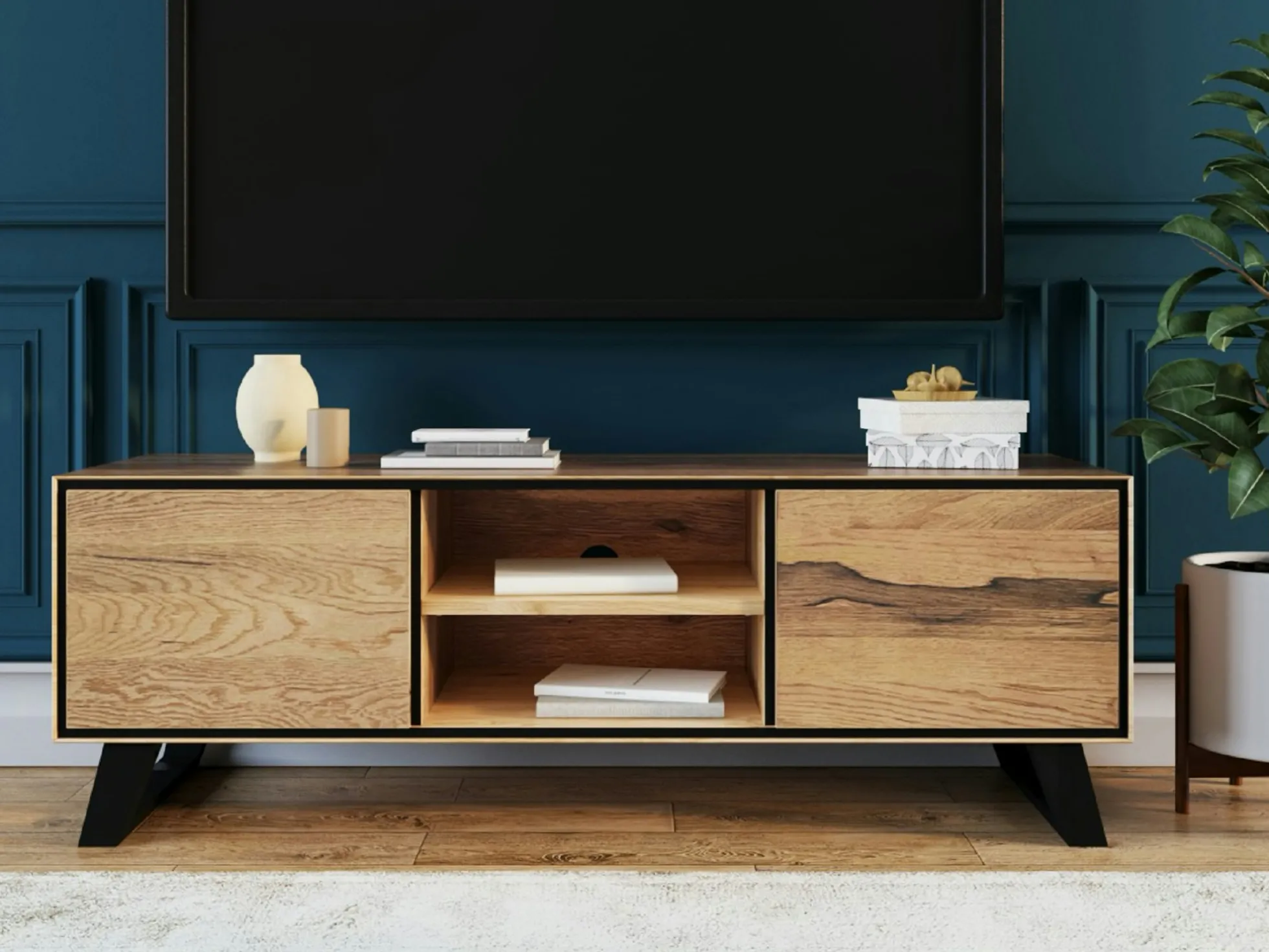Meuble tv en bois de chêne huilé et pieds obliques PALERME