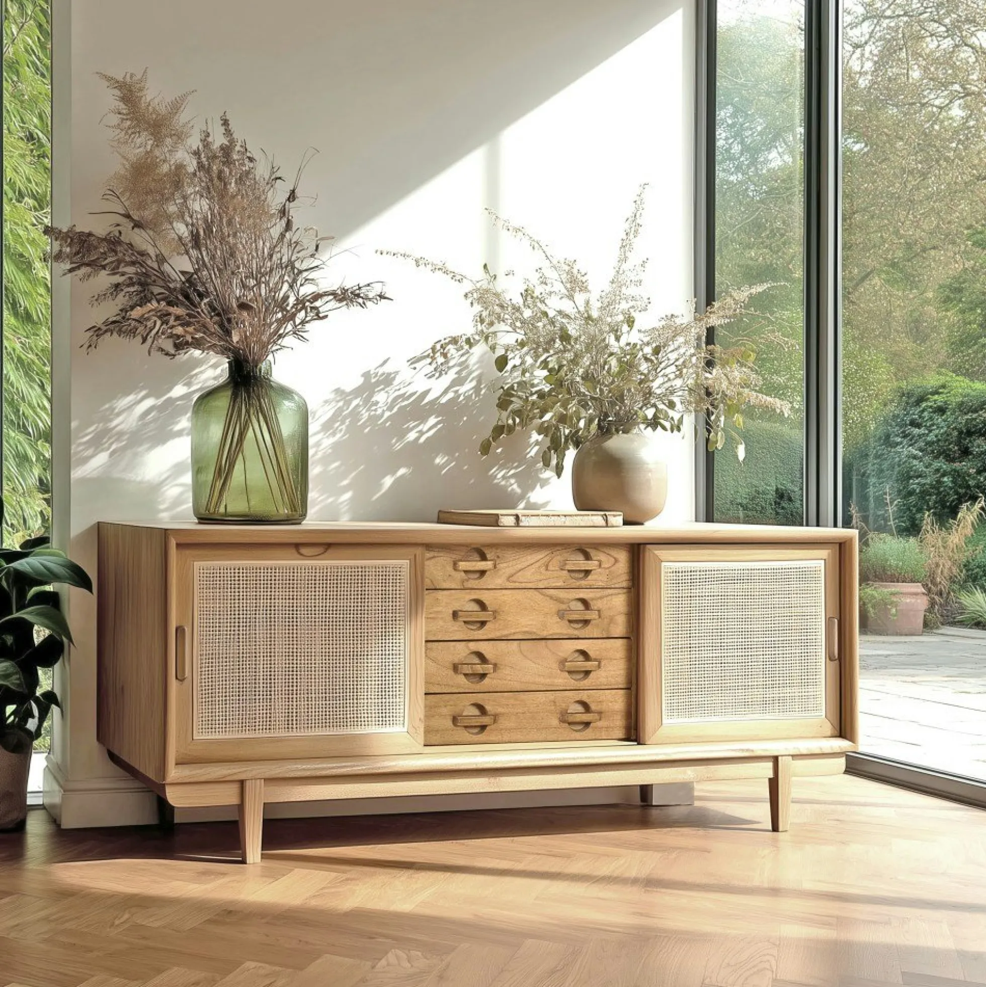 Meuble TV en bois de mindi et rotin naturel TIVARO