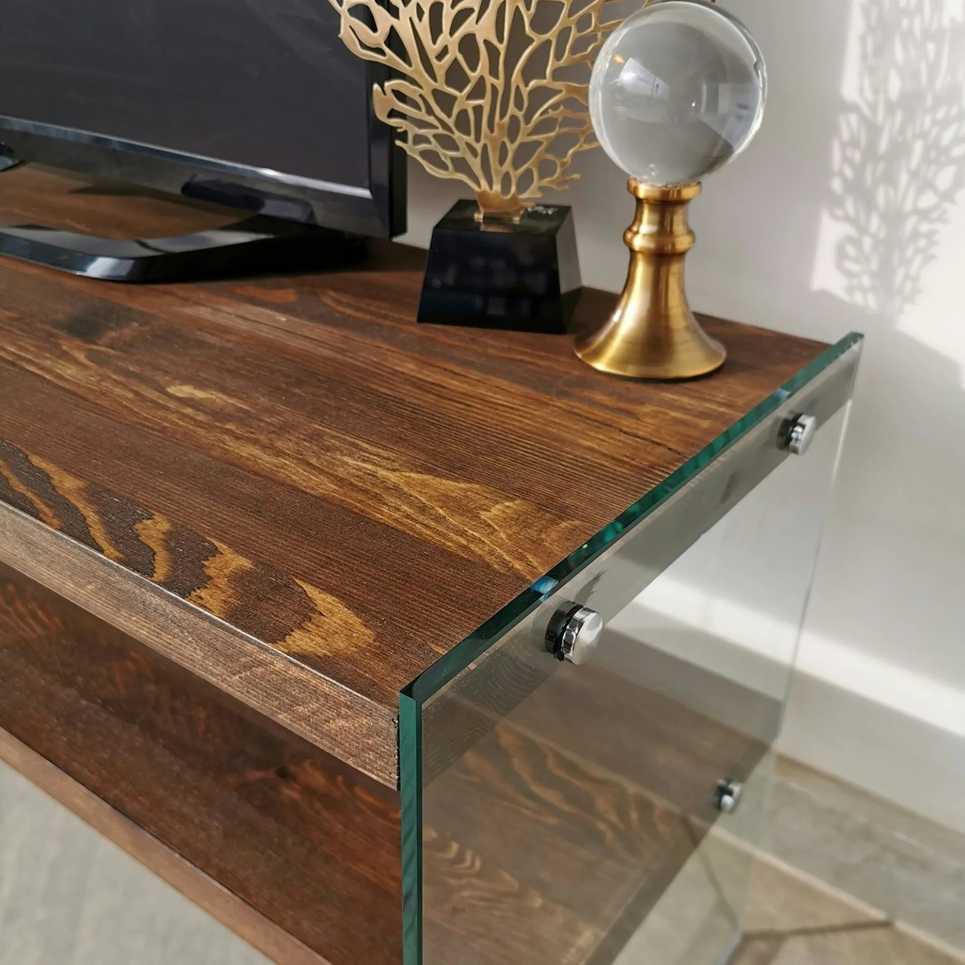 Meuble TV en bois marron et verre - 2 niveaux LHASA