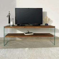 Meuble TV en bois marron et verre - 2 niveaux LHASA