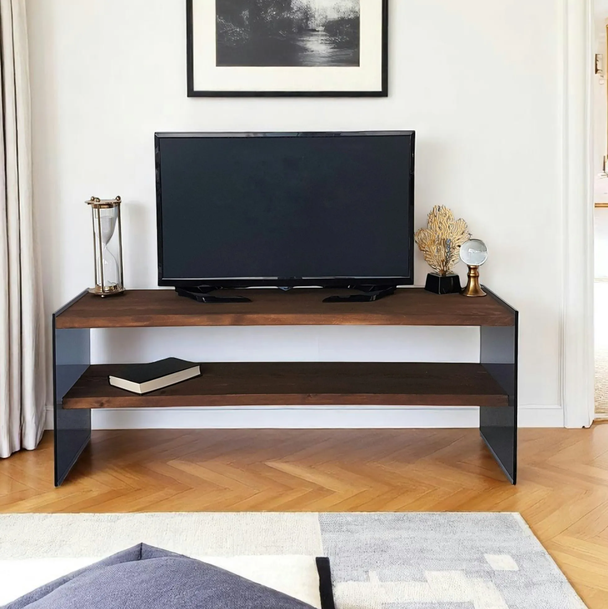 Meuble TV en bois marron et verre fumé - 2 niveaux LHASA