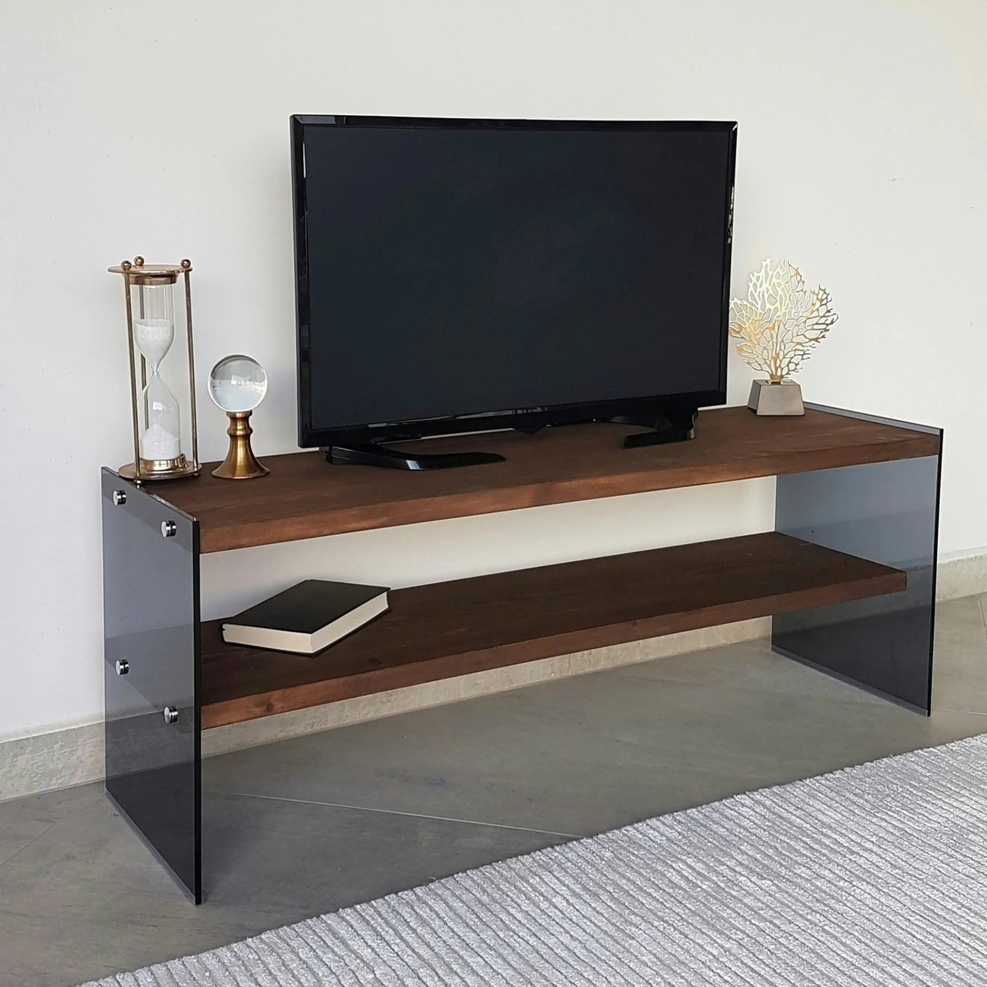 Meuble TV en bois marron et verre fumé - 2 niveaux LHASA