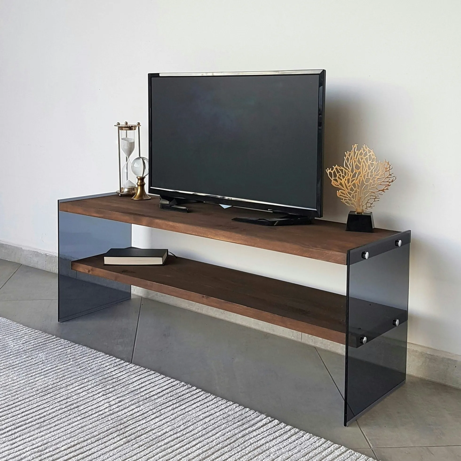 Meuble TV en bois marron et verre fumé - 2 niveaux LHASA