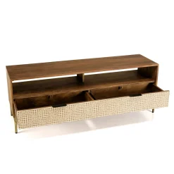 Meuble TV en bois pieds couleur laiton grande niche 2 tiroirs KANHA