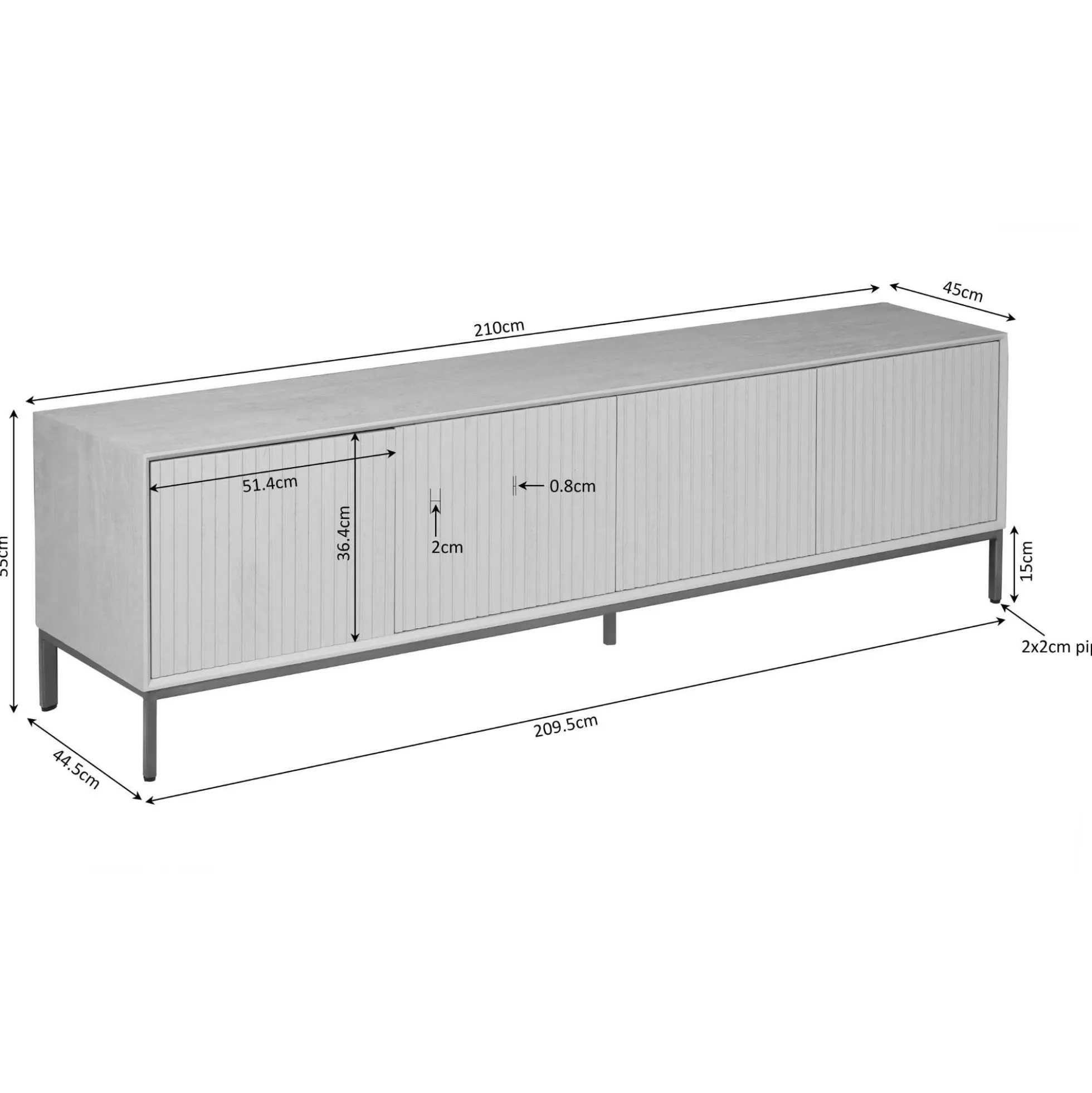 Meuble TV en bois 4 portes rainurées 210 cm CORTINA