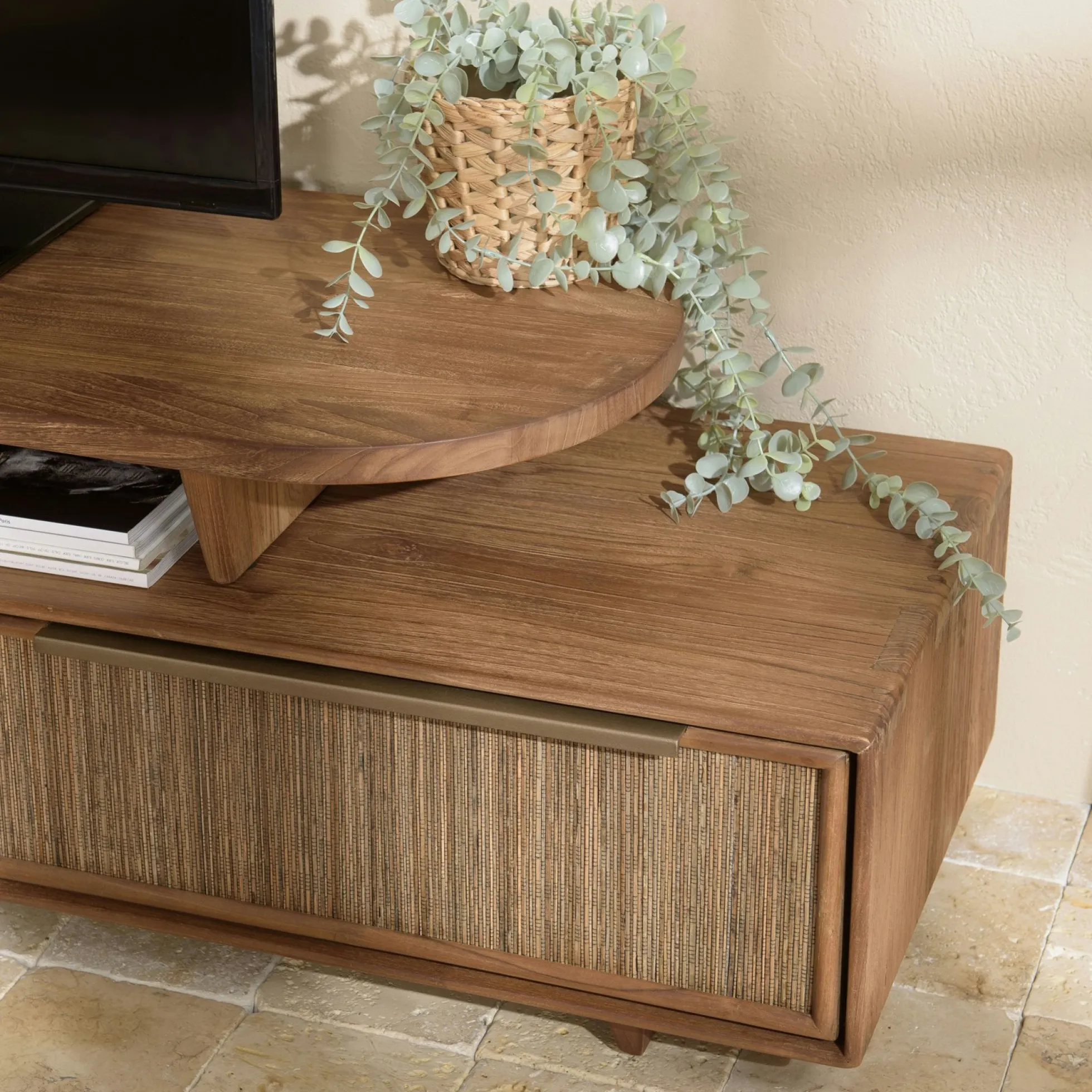 Meuble TV extensible et modulable en teck recyclé 2 tiroirs SWING