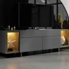 Meuble TV gris et doré 2 portes 2 niches LED AURA